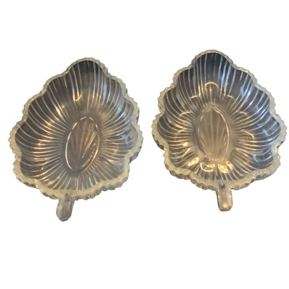 Vintage Federal Glass Lot of 2 Leaf Dish Ribbed Clear Crystal Classic Americana